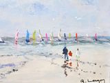 painting of people walking on the beach with sailboats in the background