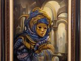 an oil painting of a woman in a blue head scarf
