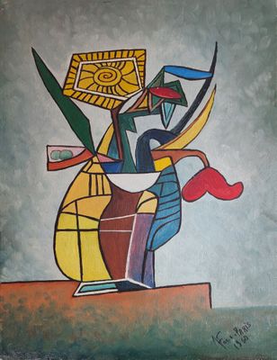 tableau représentant un vase rempli de fleurs posé sur une table