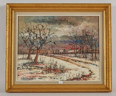 une image représentant un tableau représentant un paysage enneigé avec une maison au loin