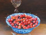 a painting of a bowl of cherries and a knife on a table