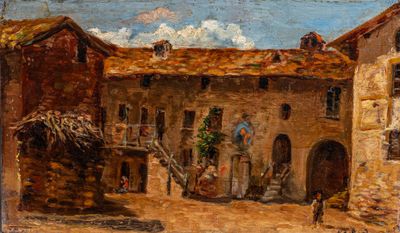 an oil painting of a street scene with a building and a horse