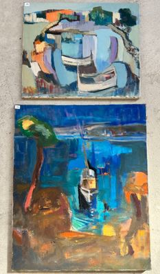 two paintings of a boat and a boat on a beach
