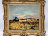 an oil painting of a field with a barn in the distance