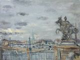 un tableau représentant la statue d'un homme à cheval sur un pont