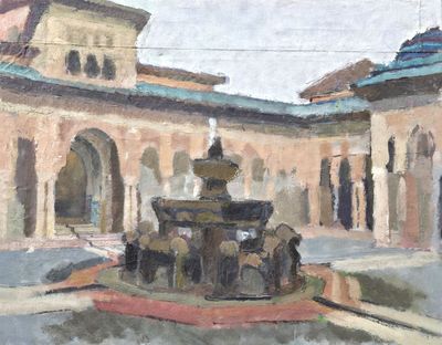 un tableau représentant une fontaine dans une cour, avec un bâtiment en arrière-plan