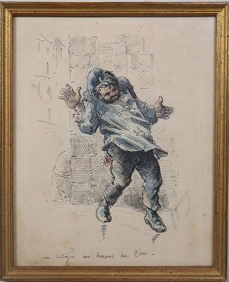 an old drawing of a man in a blue coat and hat