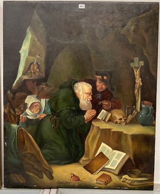 une vieille peinture représentant un homme en train de lire un livre dans une grotte