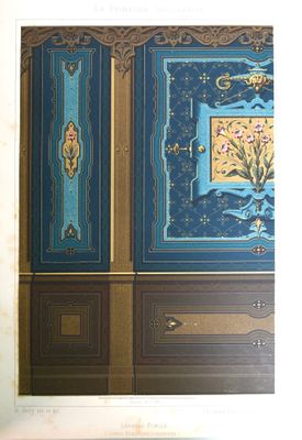 un vieux livre sur lequel figure l'image d'un meuble bleu et or