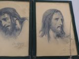two framed drawings of jesus and a man with long hair