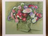 painting of a vase of flowers in pastel on a green background