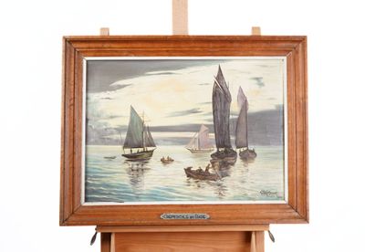 a picture of a painting on a easel with a boat in the water
