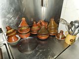 pots and pans are lined up on a counter in a kitchen