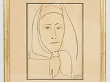 a drawing of a woman with a scarf in a gold frame