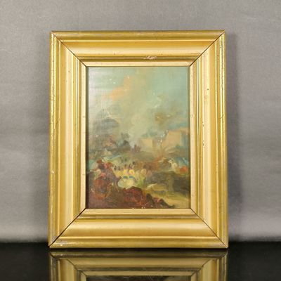 une peinture à l'huile représentant un paysage, dans un cadre doré posé sur un fond noir