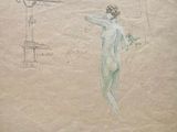 an old drawing of a woman standing in front of a mirror