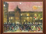 an oil painting of a cityscape with a full moon in the background
