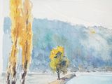 watercolor painting of two trees on the shore of a lake