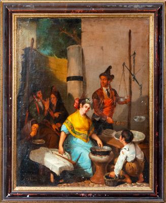 an oil painting of a woman and a child cooking in a kitchen