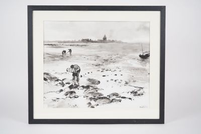 black and white drawing of a man on a beach with a boat in the background