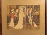 tableau représentant une femme en robe blanche, un homme en costume bleu et un chien blanc