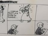 a drawing of a comic strip with a woman in a dress