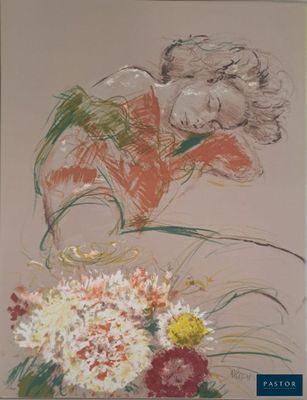 un tableau représentant une femme avec des fleurs dans un vase