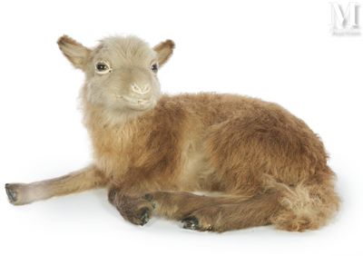 a stuffed goat that is laying down on the ground