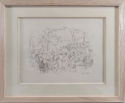 un dessin représentant un groupe de personnes dans une forêt avec des arbres