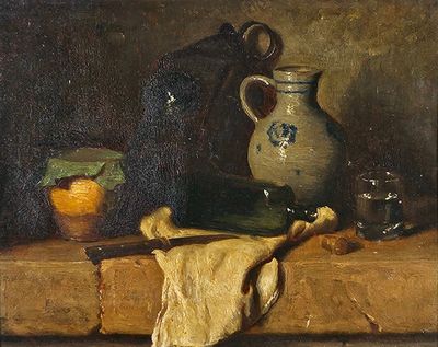 une peinture représentant une cruche, un bol et un linge posés sur une table