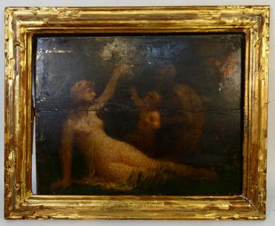 une image représentant un tableau où l'on voit une femme et un chien dans un champ