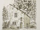 an image of a drawing of a house with a bench in front of it