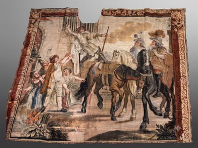 une image représentant une tapisserie sur laquelle figure un homme à cheval à la tête d'un groupe de personnes à cheval