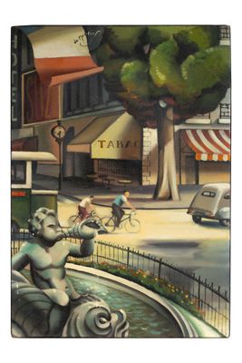 un tableau représentant un homme qui descend la rue à vélo