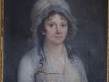 painting of a woman in a white dress and bonnet