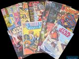 some comics are stacked on top of each other on a black background