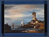 a picture of a painting of a lighthouse on the beach
