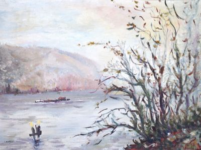 un tableau représentant un bateau sur l'eau avec une personne à bord