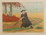 tableau représentant une femme en robe noire tenant une batte de baseball dans un champ