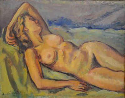 une peinture à l'huile représentant une femme nue allongée sur un canapé