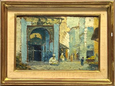 une peinture à l'huile représentant une scène de rue avec un homme assis sur le trottoir