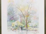 framed watercolor painting of a tree by a lake