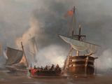 un tableau représentant un groupe de navires sur un plan d'eau