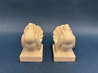 pair of vintage carved wood turkey bookends