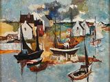 a painting of a harbor scene with boats on the water