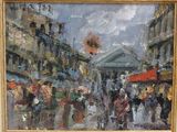 tableau représentant une scène de rue en ville avec des passants et des parapluies un jour de pluie
