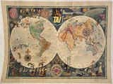 an old map of the world on display in a museum