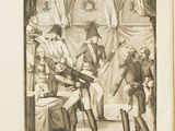 an old book with a drawing of a man holding a sword in front of a group of people