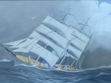 a painting of a ship in the middle of a large body of water