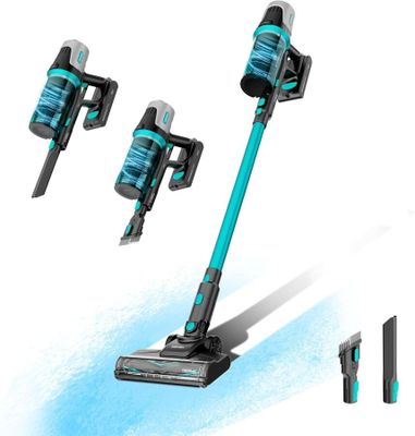 un gros plan d'un aspirateur sans fil bleu et noir